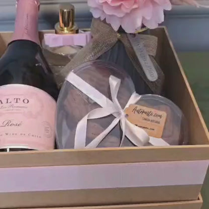 Cesta Espumante Rosé e Flores Elegantes Rosas